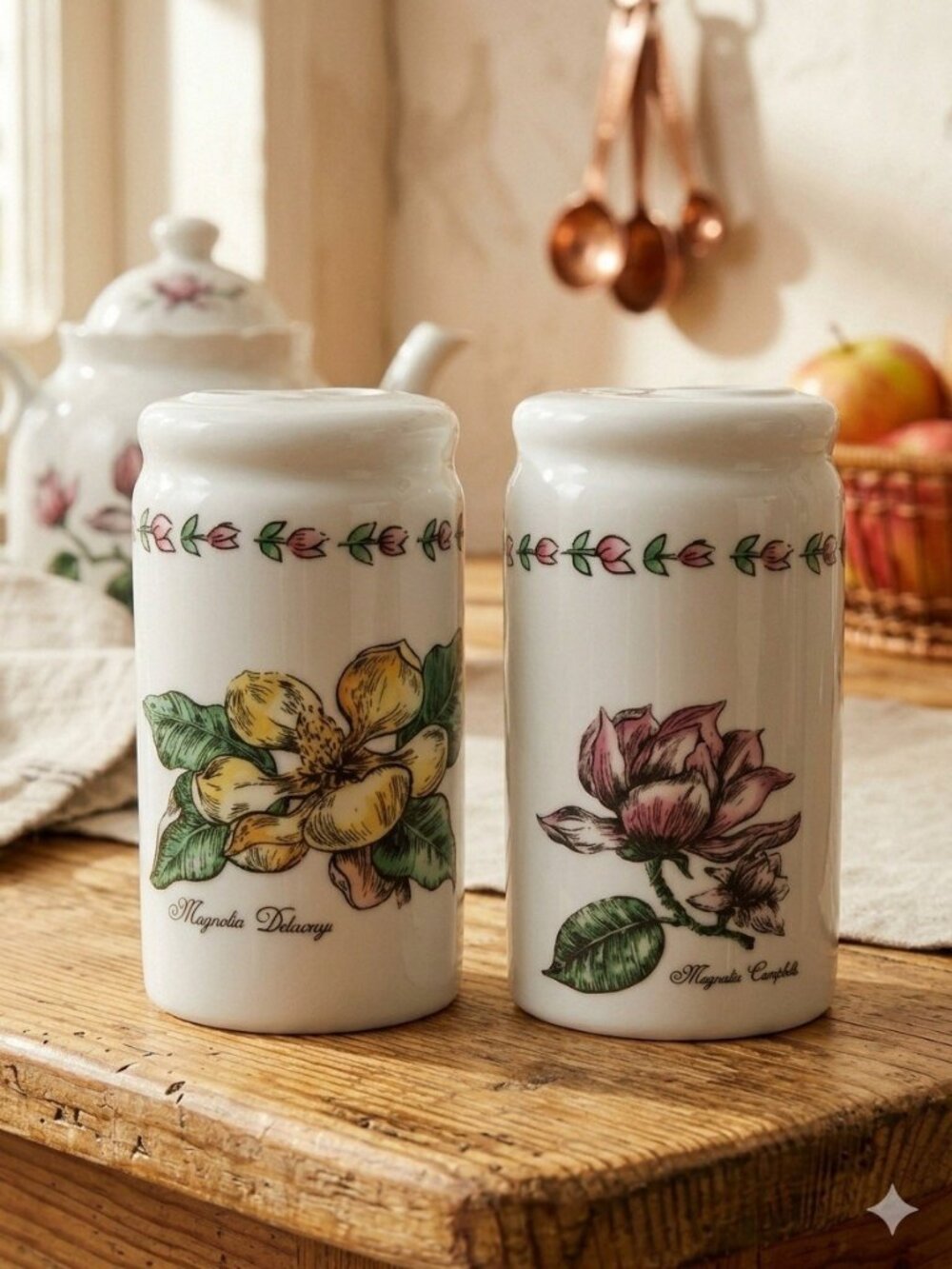 Vtg Tabletops Unlimited Magnolia Flowers Salt and Pepper Shakers Ceramic 3.5"